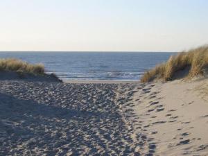荷兰之角Vakantieappartementen Stuifkenszand的沙滩和海洋中的一个足迹