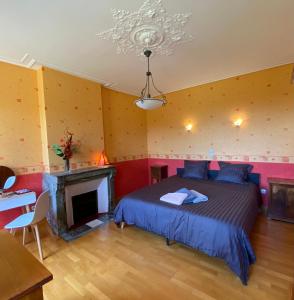 米尔库尔Chambre Hôte Villa Sainte Barbe的一间卧室设有一张大床和一个壁炉