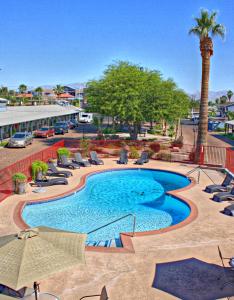 拉斯维加斯斯特灵花园酒店的一个带椅子和棕榈树的大型游泳池
