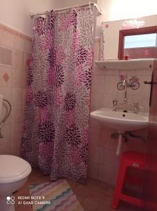马斯蒂查里IASONAS APARTMENTS的浴室配有淋浴帘和盥洗盆。
