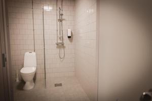 LiminkaPark Hotel Liminka的浴室设有卫生间和带玻璃门的淋浴。