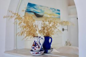 安迪帕罗斯岛Aegeo Inn的两只蓝白花瓶,坐在植物架上