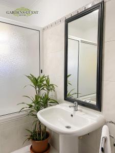 圣维森特Gardens Guest House的浴室设有水槽、镜子和植物