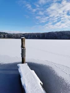 普劳西Gasthof & Hotel Heidekrug的水体旁边的雪地里的一根杆