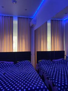 第聂伯罗Olesi Gonhara的一间卧室配有两张床和蓝色的灯光