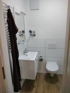 雷根斯堡Schöne, gemütliche möblierte 2 Zi Wohnung in RGB的白色的浴室设有卫生间和水槽。