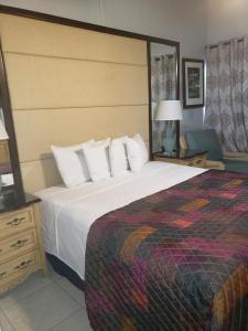 FrederikstedGeorges Royal Inn的酒店客房带一张大床和一把椅子
