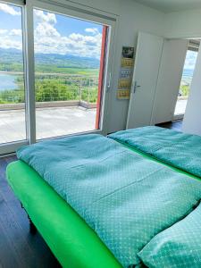 BelleriveVilla au bord du lac de Morat avec vue imprenable的一张位于带大窗户的房间内的床铺