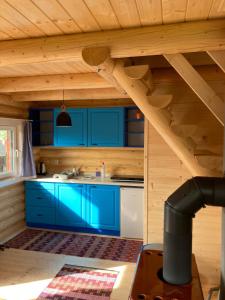 TrstenéDrevenica Magdaléna的厨房配有蓝色橱柜和木制天花板