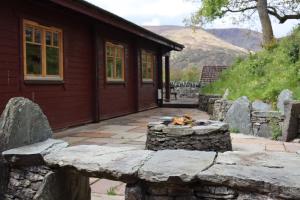 格拉斯哥Lodge 37 Rowardennan, Loch Lomond的狗躺在建筑前的石墙上