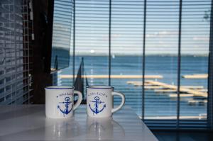 吉日茨科nauticaluxapartamenty.pl的窗前桌子上两个咖啡杯
