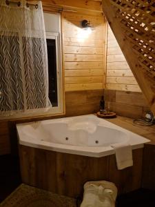 迈季代勒舍姆斯Vida Bhermon 1, one wood Cabin的带窗户的浴室内的白色大浴缸