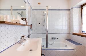塔尔维西奥艾德霍夫酒店的带淋浴、盥洗盆和浴缸的浴室