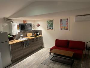 耶尔Tiny House sur la Côte d’Azur的一间带红色沙发的客厅和一间厨房