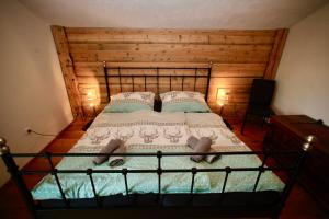 菲伯布伦Basislager Fieberbrunn的一间卧室设有一张带木墙的大床
