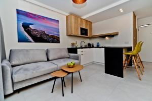 亚斯塔尔尼亚BlueApart Apartland Residence的客厅以及带沙发和桌子的厨房。