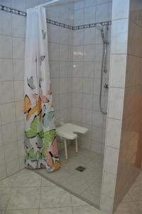 PamhagenFerienwohnung Koppi的浴室内备有蝴蝶的浴帘