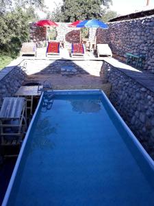 Grigor'yevkaBel-Zhan Yurt Lodge的一个带椅子和遮阳伞的大型蓝色游泳池