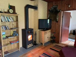 PalaVallaku Guesthouse的客厅配有燃木炉和电视