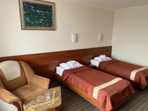 乌日霍罗德Intourist-Zakarpattia Hotel的酒店客房,配有两张床和椅子
