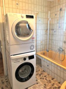 特劳恩基兴Ferienhaus am Traunsee mit Bergsicht的浴室内配有洗衣机和洗衣机。