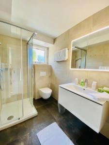 锡格里斯维尔Panorama Boutique Apartment with Air Condition, SPA entry in Solbadhotel的带淋浴、盥洗盆和卫生间的浴室