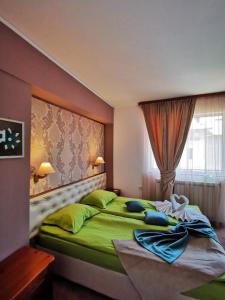 班斯科兹根酒店的一间卧室配有一张带绿色枕头的大床