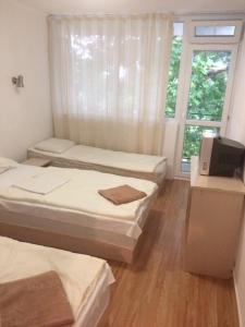 克兰内沃Festa-Kranevo的客房设有三张床、一个窗户和电视。
