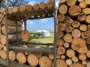 Guidel-PlageLes Logis de Kerdrien的一堆木头,紧靠着围栏,有帐篷