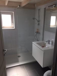 文代讷Vissershuisjes Wenduine-De Haan的带淋浴和盥洗盆的白色浴室