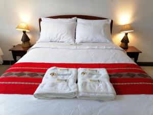 查查波亚斯Chachapoyas Backpackers Hostal Boutique的一间卧室配有一张床,上面有两条毛巾