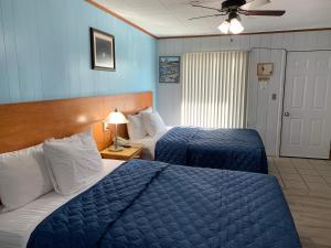 帕里桑德Town & Country Motel的两张位于酒店客房的床,拥有蓝色的墙壁