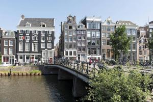 阿姆斯特丹Stylish Canalhouse A的一座建有建筑物的城市里河流上的桥梁