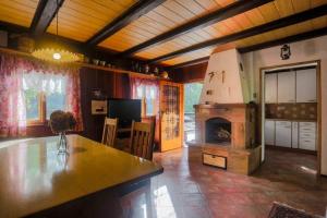 博希尼Cottage in the woods - Lake Bohinj的客厅设有厨房和壁炉