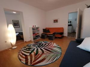 伊布斯河畔魏德霍芬Ferienwohnung Sonne的带沙发和地毯的客厅
