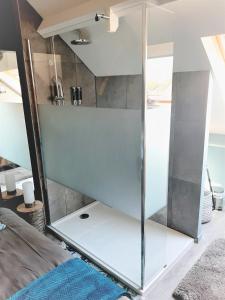 HerneGroot GENOEGEN - 50 North - with AIRCO的卧室里玻璃淋浴间,铺着蓝色地毯