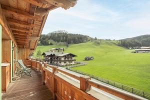 费尔兹姆斯Ferienwohnung "Mein Alpenjuwel"的享有绿色田野景色的房屋阳台