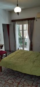 派尔季卡Villa Rodanthos的一间卧室设有一张带窗户的大型绿色床