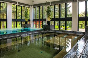 诺茨瓦约Oxigén Family Hotel Noszvaj的一座带玻璃窗的建筑中的游泳池