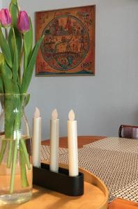 爱尔福特司特申公寓的一组蜡烛放在桌子上,花瓶