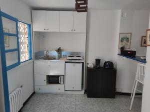 西迪·布·赛义德Suite à sidi bou Saïd的小厨房配有白色橱柜和微波炉