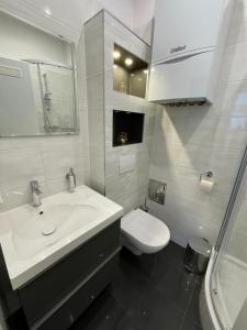 维也纳Donau Apartment Vienna的白色的浴室设有水槽和卫生间。