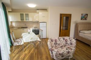 茨雷沃Guest apartments STELA的厨房以及带桌椅的起居室。