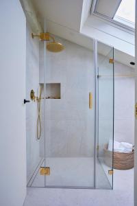 桑坦德Helguera Palacio Boutique & Antique的浴室里设有玻璃门淋浴