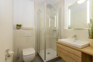拉姆Hotel Sonnbichl的带淋浴、卫生间和盥洗盆的浴室