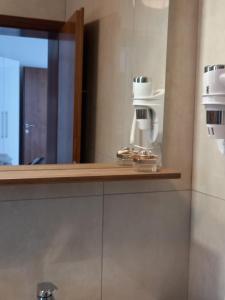 诺维·维诺多尔斯基Garfild 1 Guest House的浴室镜子,架子上装有两台相机