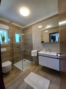 诺维·维诺多尔斯基Garfild 1 Guest House的带淋浴、卫生间和盥洗盆的浴室