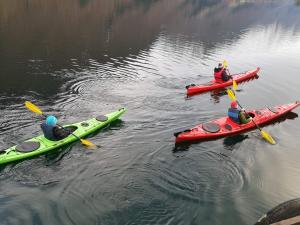 菲耶兰汉萨利度假屋的三人乘皮艇在水体上