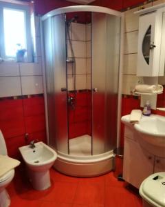 奥赫里德Villa Stefan的带淋浴、卫生间和盥洗盆的浴室