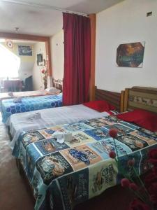 利马Inti Hostel Airport的一间卧室配有两张床,床上有毯子